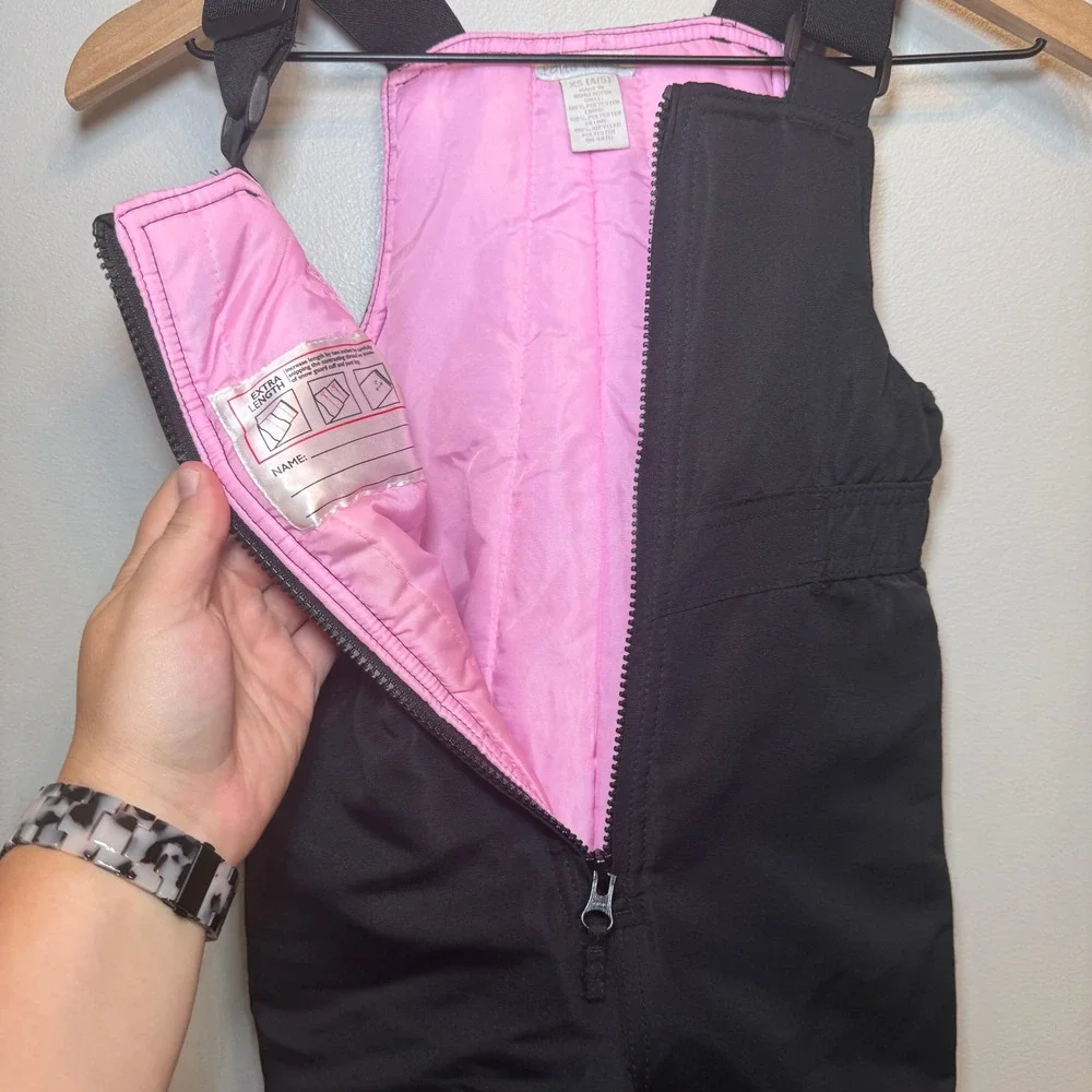 Falls Creek Girls Black Pink Insulated Snow Bibs Overalls XS 4/5 Reinforced Knee